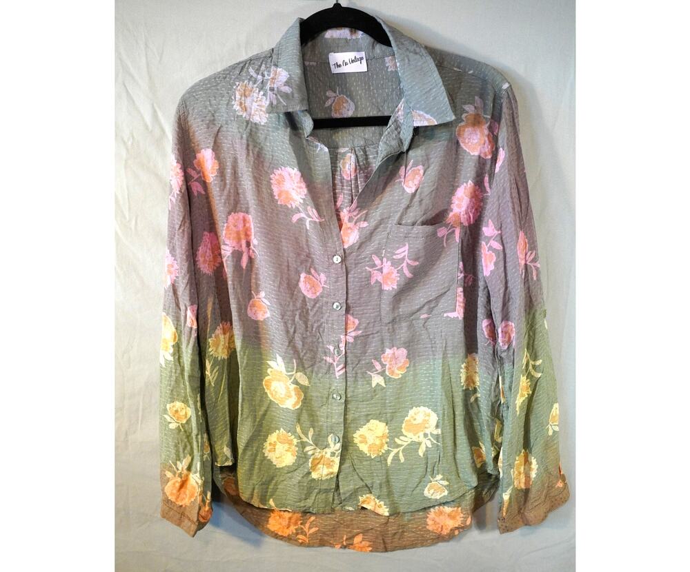 The Nu Vintage Floral Ombre Dip Dye Button Down Blouse Clip Dot Sage Grey Large